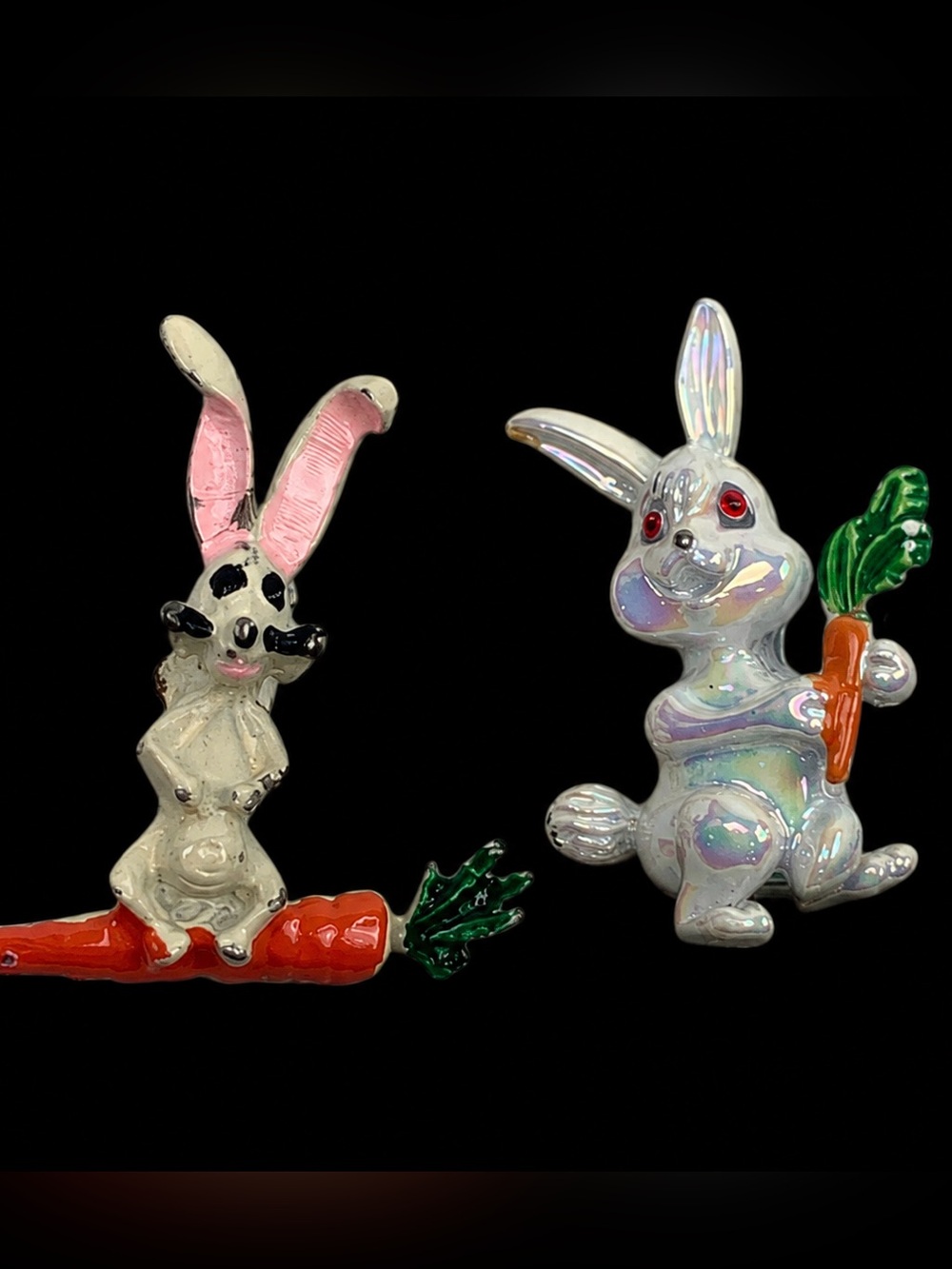 Vintage Bunny Rabbit brooches Pins Set Pink and iridescent Set of 2